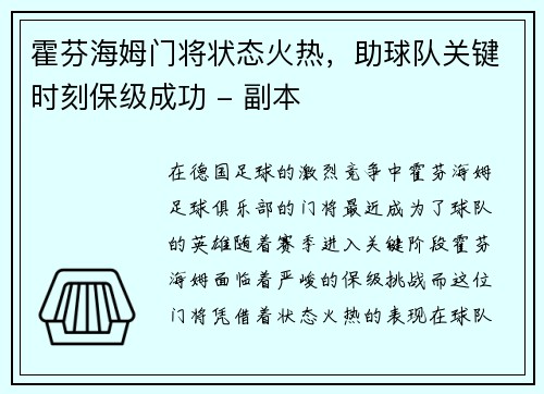 霍芬海姆门将状态火热，助球队关键时刻保级成功 - 副本