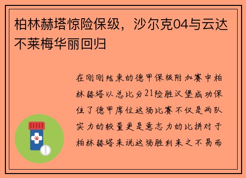 柏林赫塔惊险保级，沙尔克04与云达不莱梅华丽回归