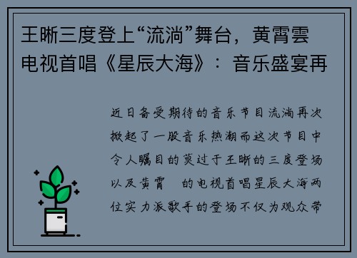 王晰三度登上“流淌”舞台，黄霄雲电视首唱《星辰大海》：音乐盛宴再度开启