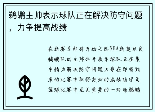 鹈鹕主帅表示球队正在解决防守问题，力争提高战绩