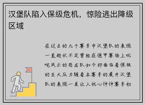 汉堡队陷入保级危机，惊险逃出降级区域