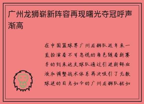 广州龙狮崭新阵容再现曙光夺冠呼声渐高
