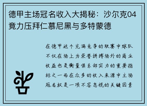 德甲主场冠名收入大揭秘：沙尔克04竟力压拜仁慕尼黑与多特蒙德