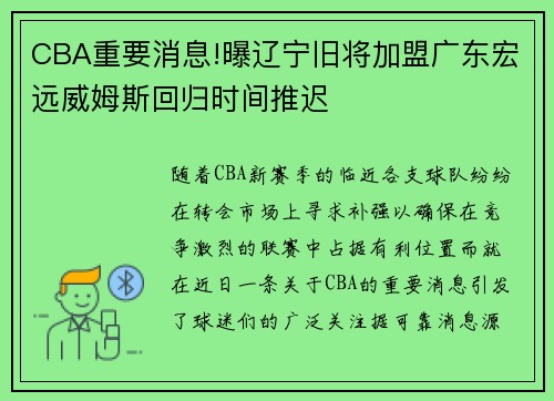 CBA重要消息!曝辽宁旧将加盟广东宏远威姆斯回归时间推迟
